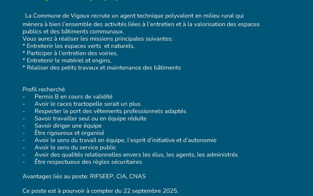 Recrutement : la commune de Vigoux cherche un agent technique polyvalent