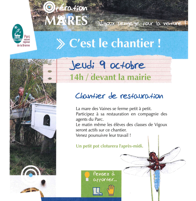 Opération MARES : chantier participatif de restauration de la mare des Vaines – Jeudi 9 octobre (14h, devant la mairie)